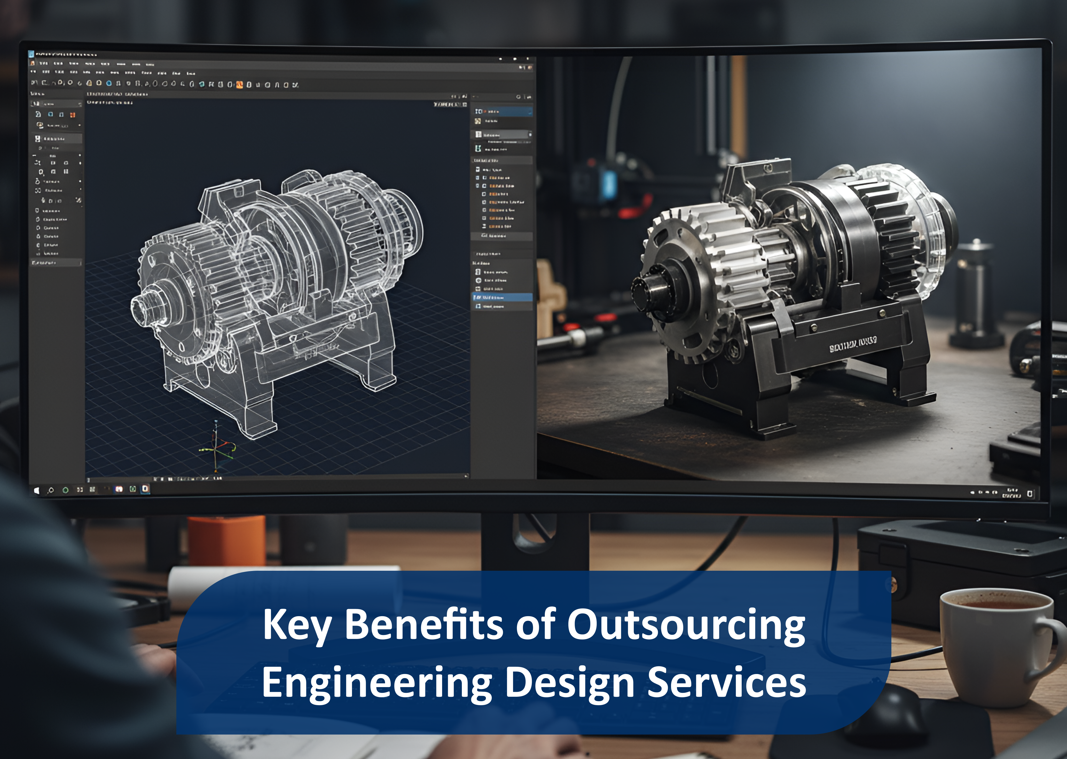A professional CAD designer working on a 3D model of a mechanical component, illustrating the advantages of outsourcing engineering design services.