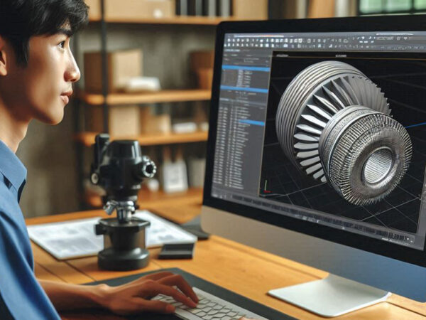 A product designer using 3D CAD software on a computer to create a detailed model of a new product.