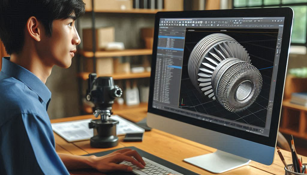 A product designer using 3D CAD software on a computer to create a detailed model of a new product.