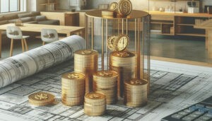 Detailed millwork drafting drawing on a wooden desk with architectural tools.