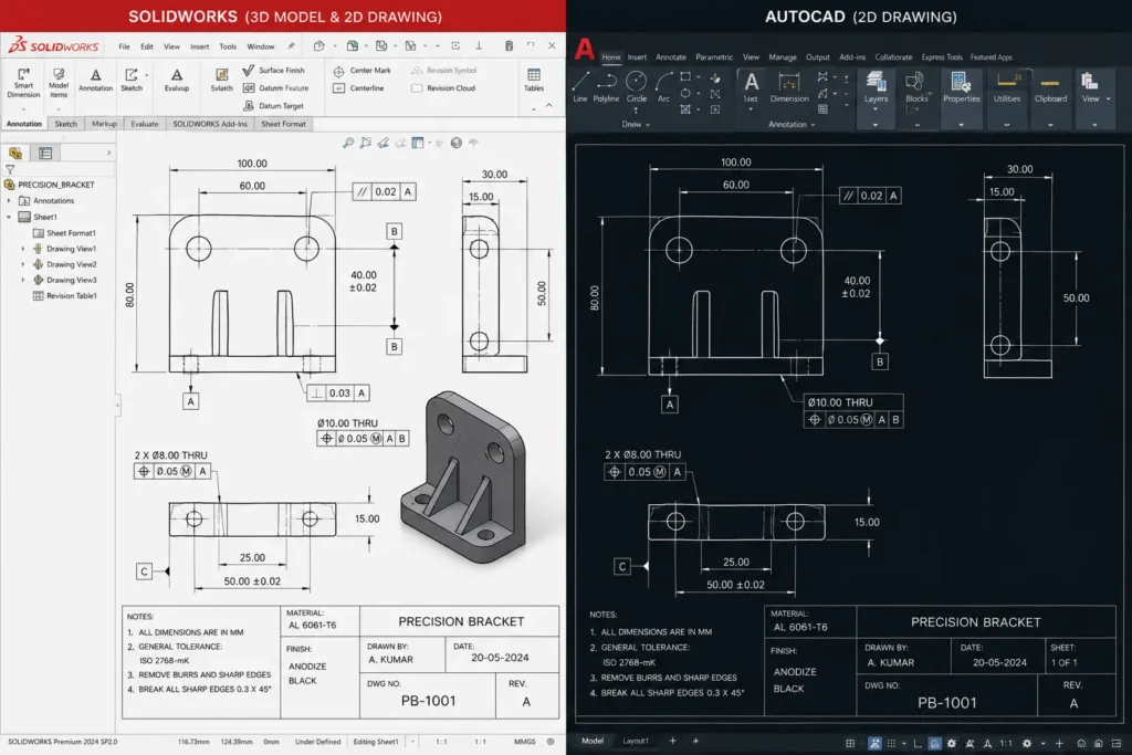 SolidWorks and AutoCAD 2D technical drawings for mechanical components