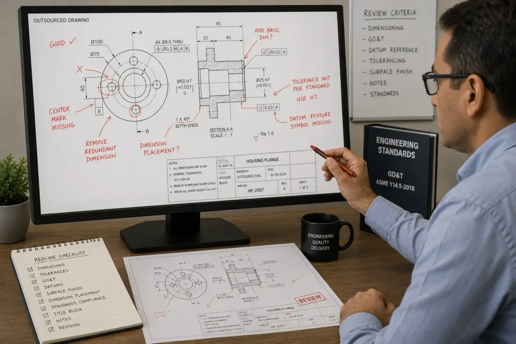 Engineering team reviewing outsourced CAD drafting quality checklist