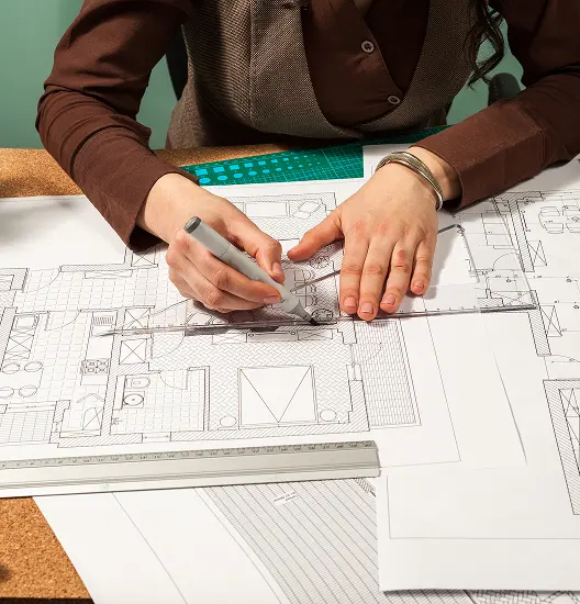 Close up architect hands working blueprints design pan professional drawing architect plans 1 1 (1)