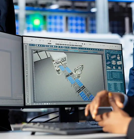 Solar panel plant manager checking progress done by programmer close up 1 (1)